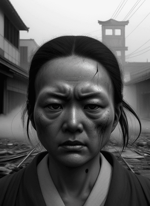 AI generated:  A close-up shot of a victim facing the camera on the main streets of Hiroshima and Nagasaki minutes...