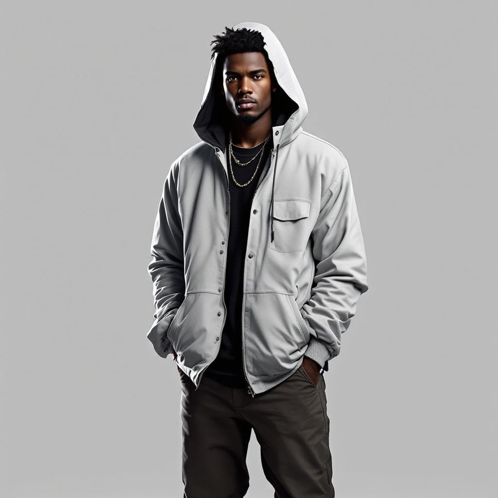 AI generated: create a black man 2d with a nice random main color hooded 
jacket, a nice pants.create a gray male...