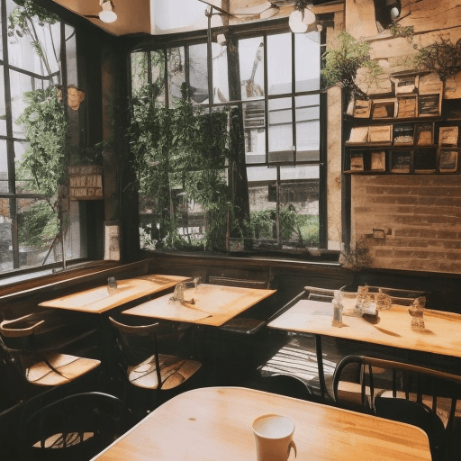 AI generated: Imagine a cozy café located in a bustling city. The café has large windows that let in plenty of nat...