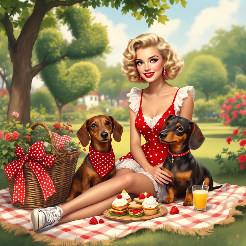AI generated: A vintage pin-up style illustration of a woman with short, curly blonde hair styled in victory rolls...