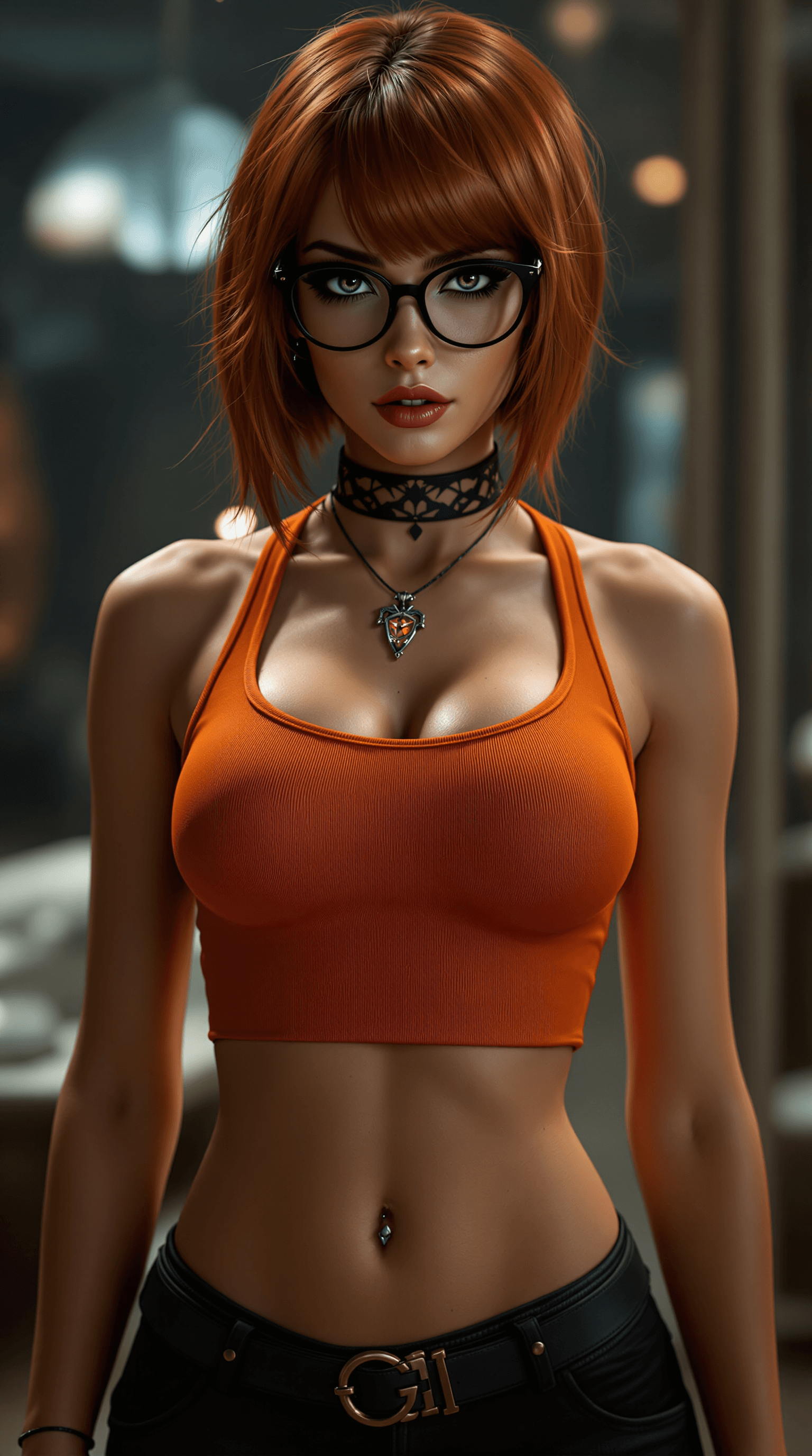 AI generated: Photo of a ultra realistic of velma from scooby-doo, very sultry look, so hot girl, beautiful charis...