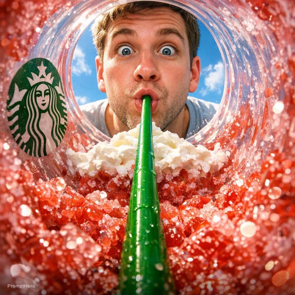 AI generated: {
  "prompt": "View from inside a Starbucks strawberry frappuccino cup looking up, fisheye lens extr...