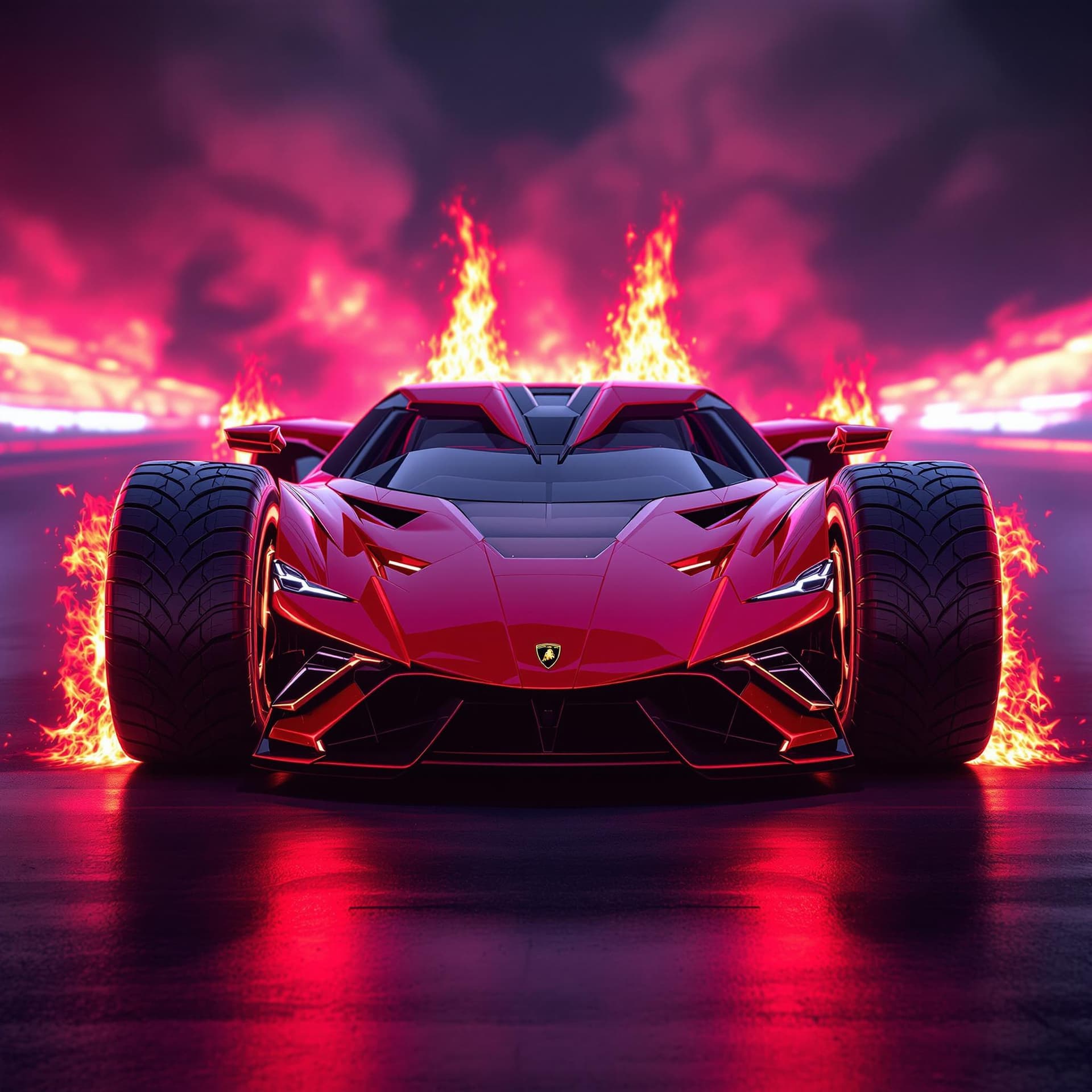 AI generated: front view of a shiny red futuristic lamborghini with huge rear tires bigger than the front and has ...