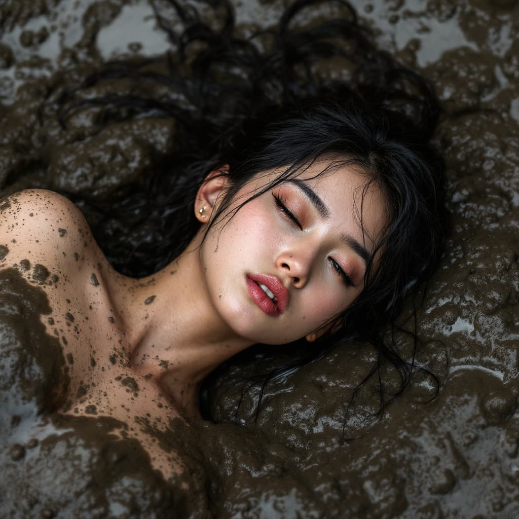 AI generated: asian girl has lay down in mud