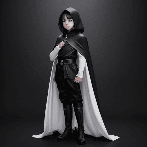 AI generated: full body image, young boy, 13 year old, short, light skin, wearing medieval mage-like black clothin...