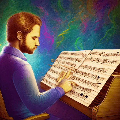 AI generated: music composer enlighten by the musical notes the symphony the waves of colors in his mind animate h...