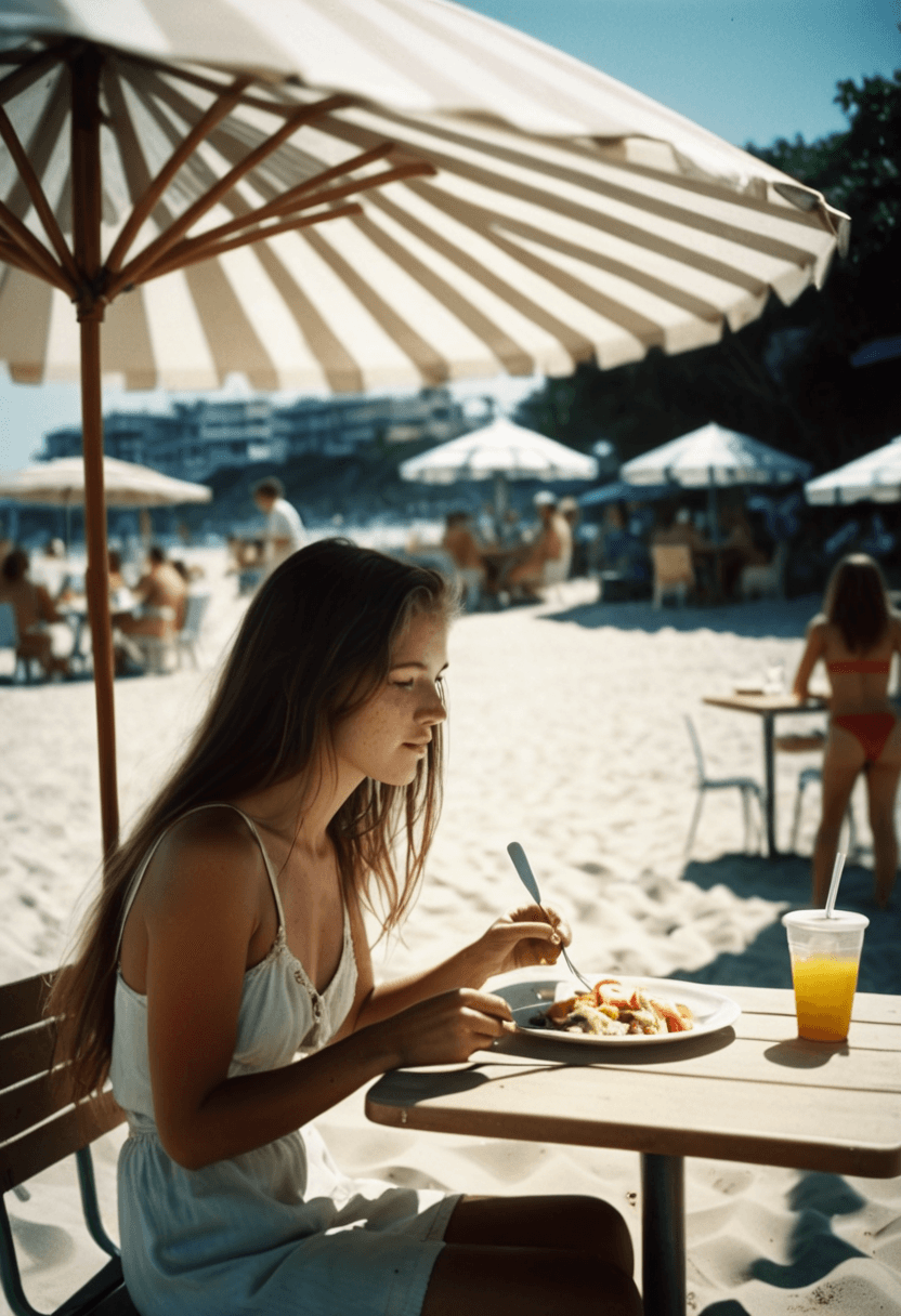 AI generated: This is a candid, analog film photograph, from the side, of a woman with long hair enjoying a meal a...