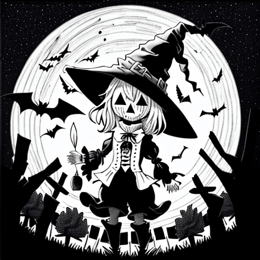 AI generated: Design a detailed black and white coloring page of a scarecrow wearing a witch hat in an orchard. Ad...
