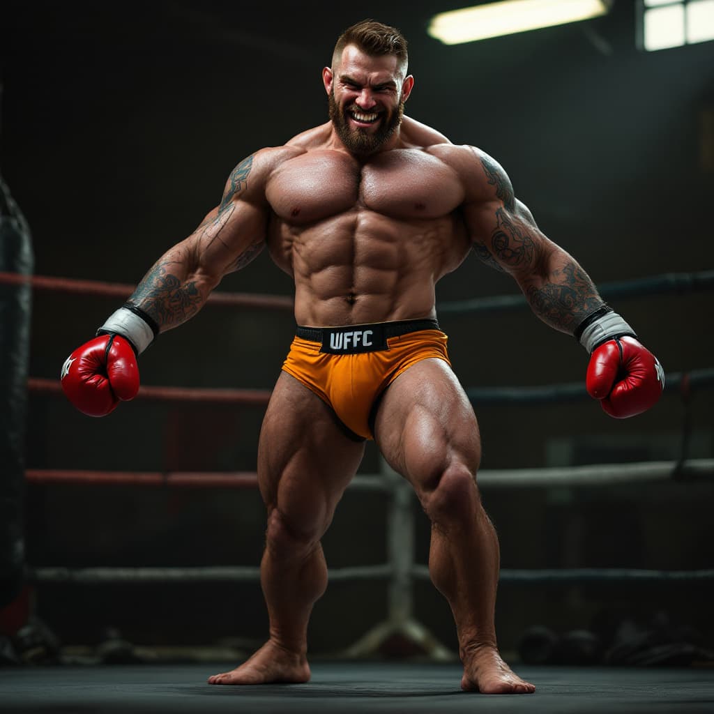 AI generated: Full body head to toe image irish stud MMA fighter, muscular legs, big feet, short brown hair hard p...