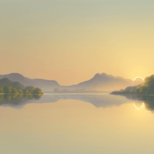 AI generated: Wallpaper, a tranquil sunrise over a serene lake, by a top animation studio, in the style of minimal...