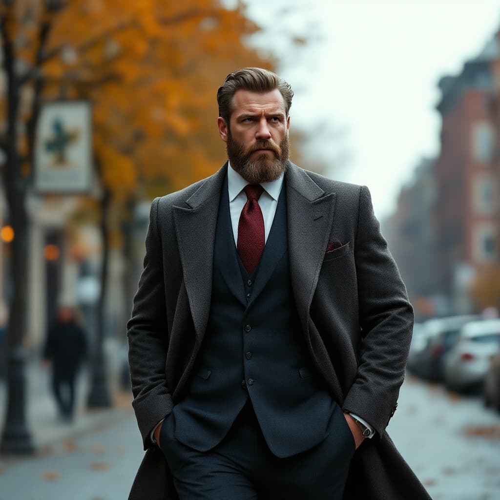 AI generated: A rich strong man dressed in an expensive suit walking down the street in autumn,Cinematic Photo,bes...