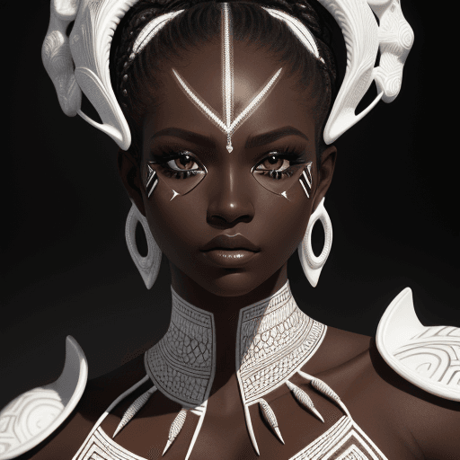 AI generated: intricate closeup shot, masterpiece artwork, black skin-tight body, tribal, suit, white accent, deta...
