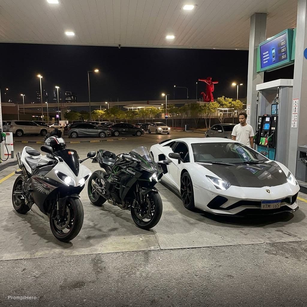 AI generated:  Merge them side by side in one real photo as standing side by side in Gas Station 