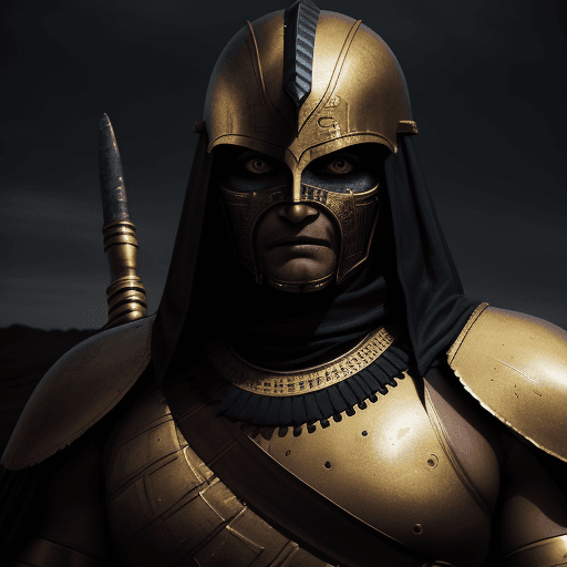 AI generated: Horus looks at the enemy, stands after the battle, fear and horror on his face, tired and beaten, sa...