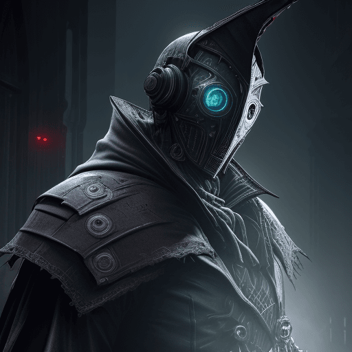 AI generated: cyber punk robot, dark soul blood borne boss, face hidden, RTX technology, high resolution, light sc...