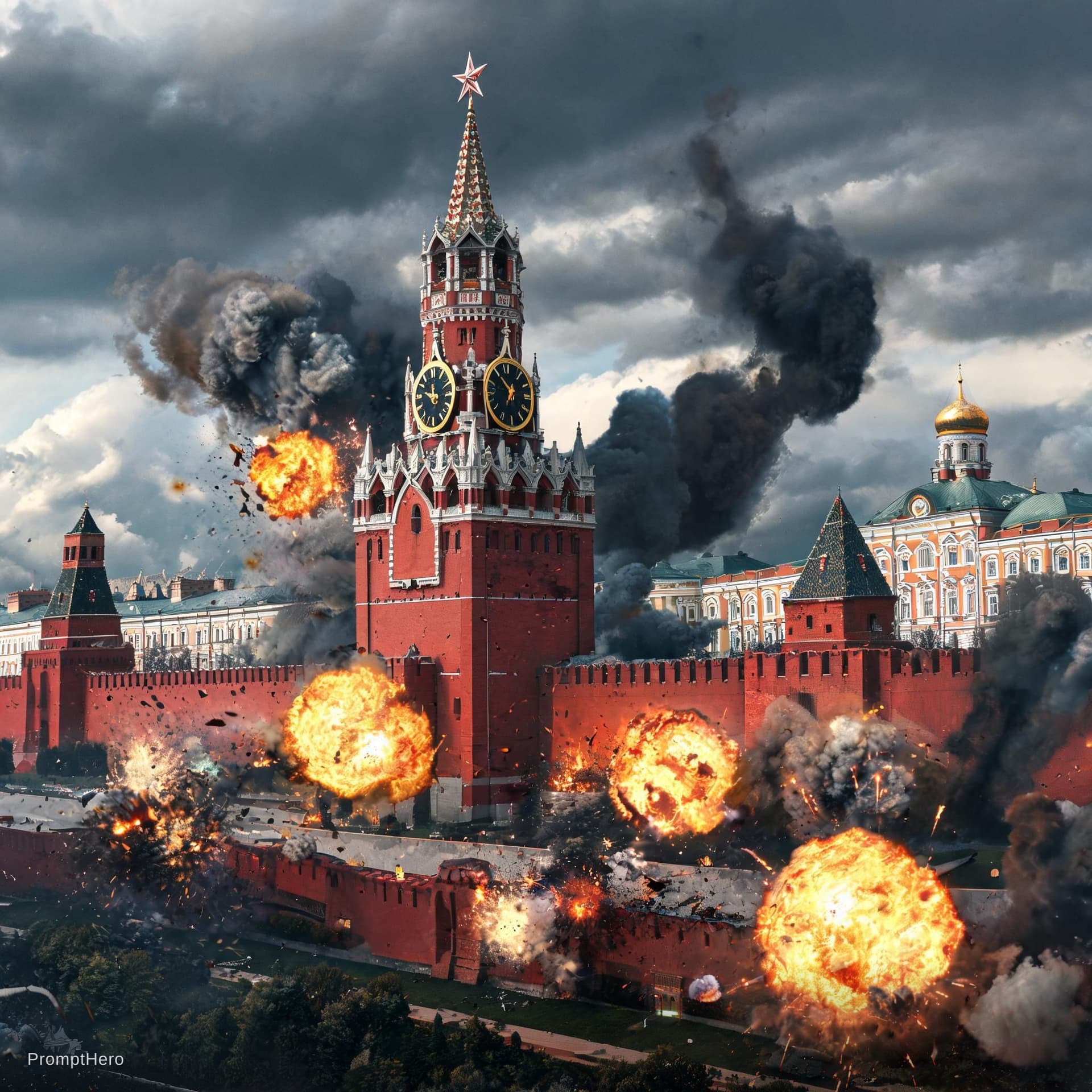 AI generated: rozbombardovaná moskva kremeľ