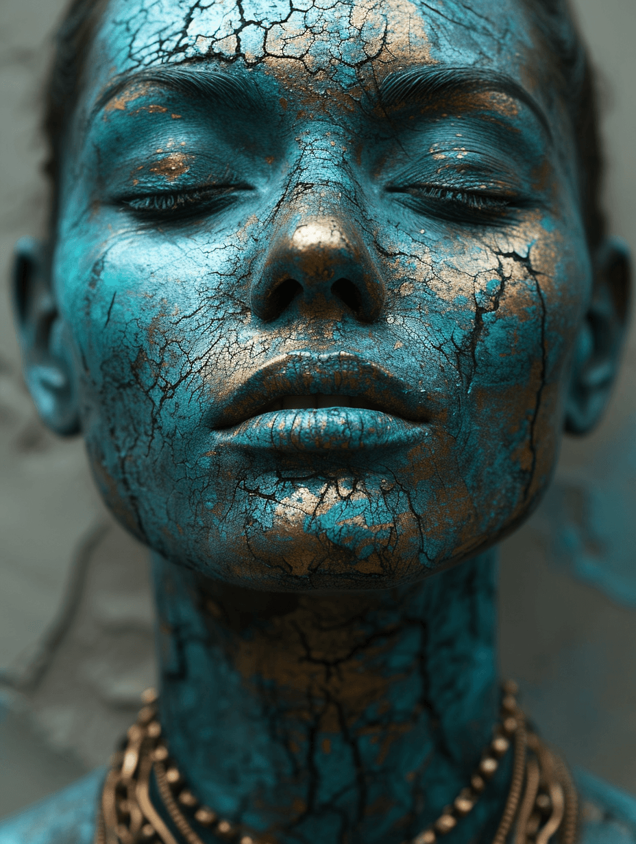 AI generated: front view portrait  of woman head, front view portrait, metalic skin, melting into the patinated ba...