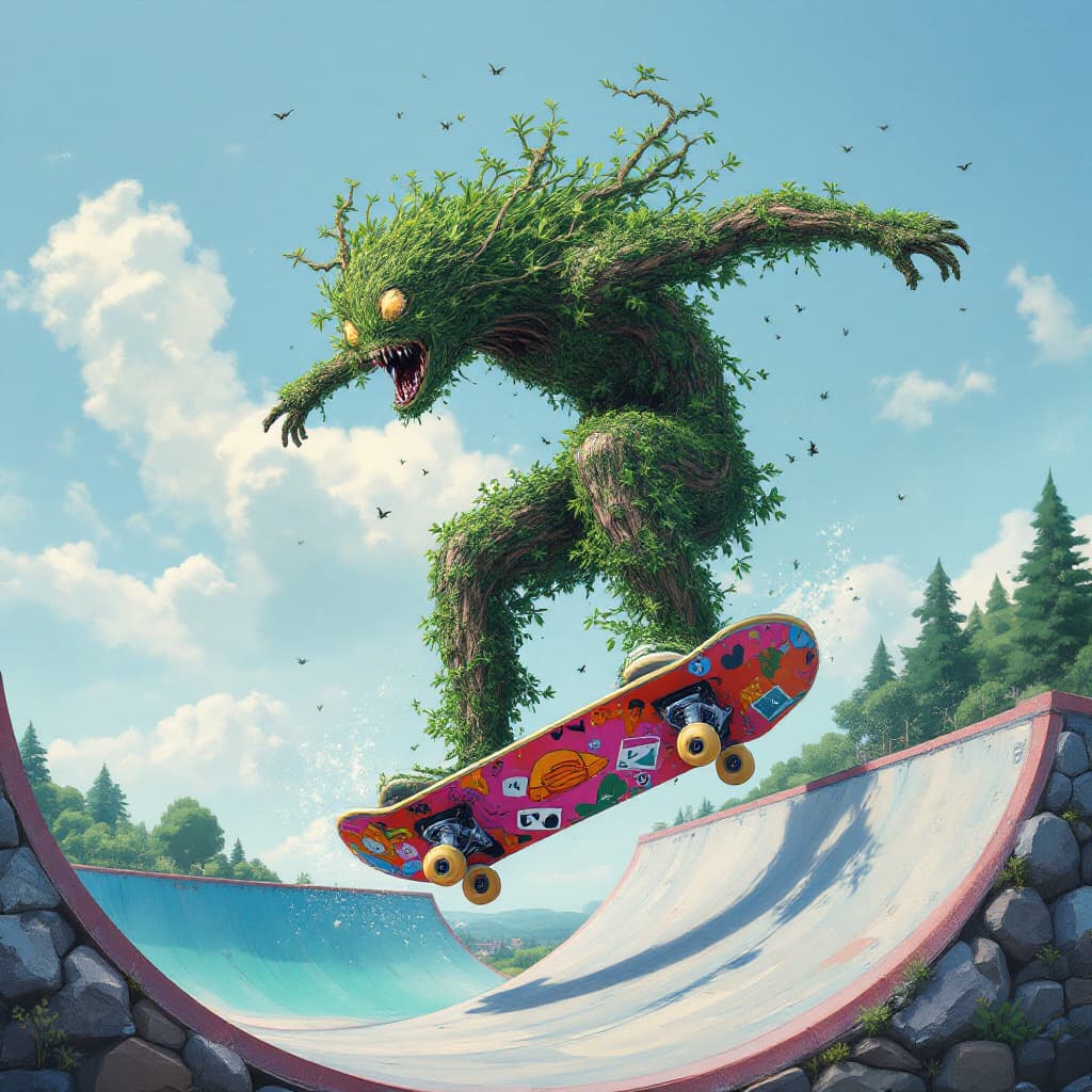 AI generated: Mother nature riding a skateboard at a skate park
