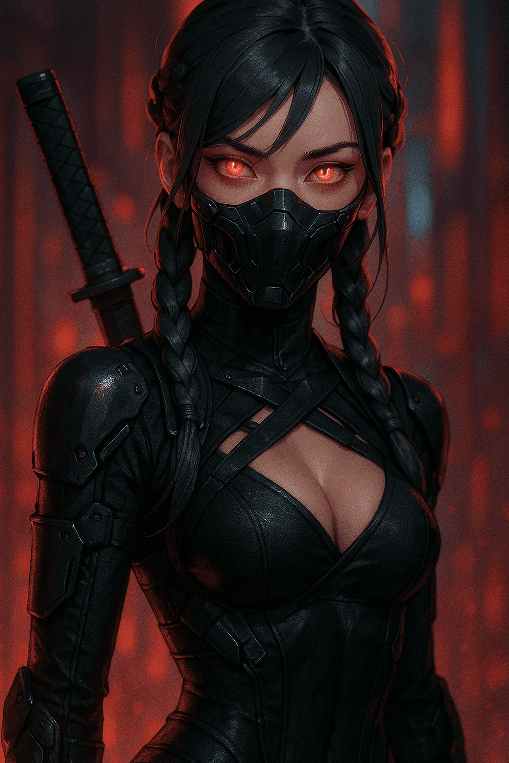 AI generated: A beautiful female ninja in a sexy cyberpunk style, with glowing red eyes, a black mask, and dark gr...