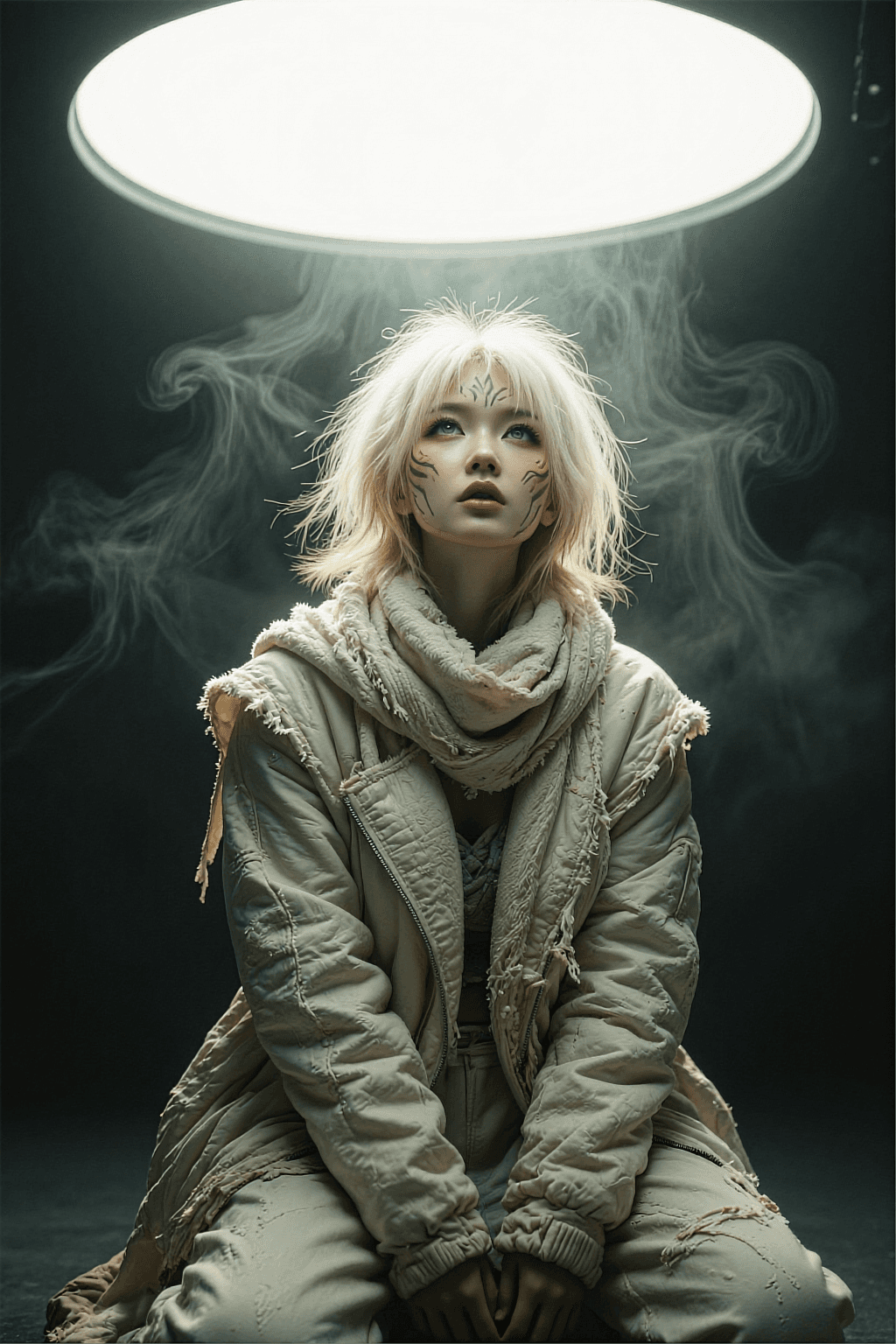 AI generated: capturing the futuristic "cyber-nomad" aesthetic, the volumetric smoke effects, and the dramatic top...
