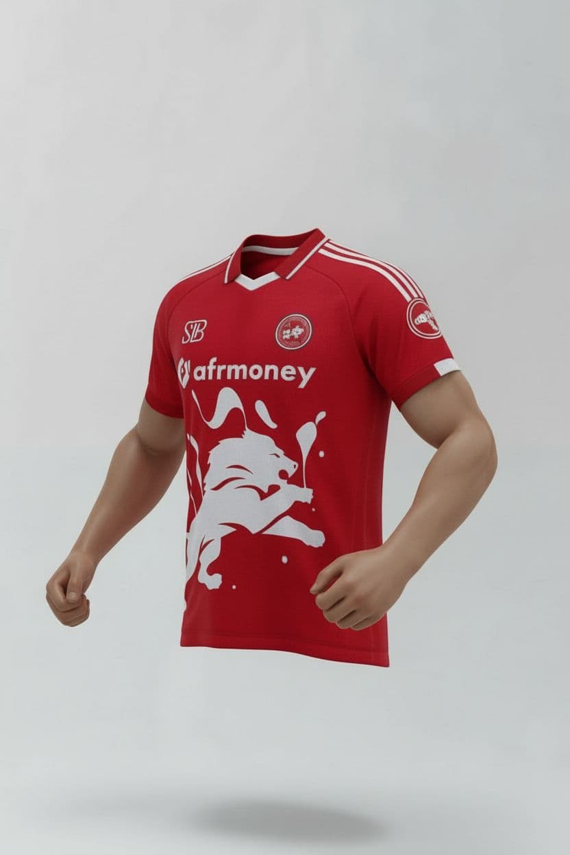 AI generated: A realistic mock-up of a red soccer jersey displayed on an athletic human torso (male or female), sh...
