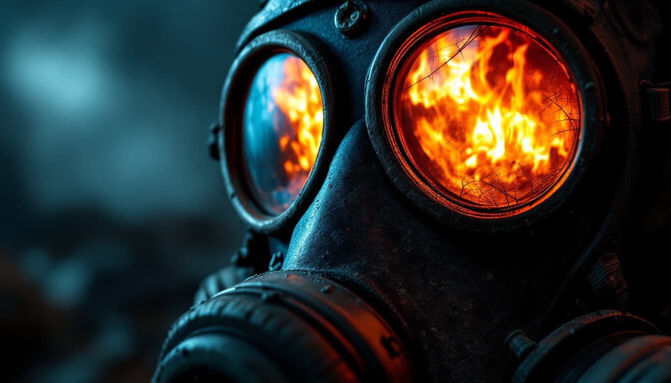 AI generated: A close-up shot of a Chernobyl liquidator's gas mask, filling the frame with gritty, realistic detai...