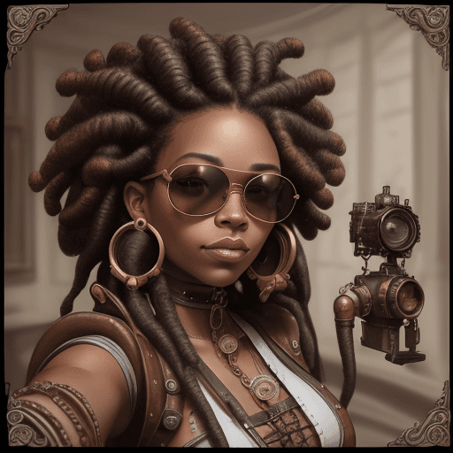 AI generated: Highly detailed art, close up selfie portrait, sepia ink, a black girl, afro dreadlocks, perfect bod...