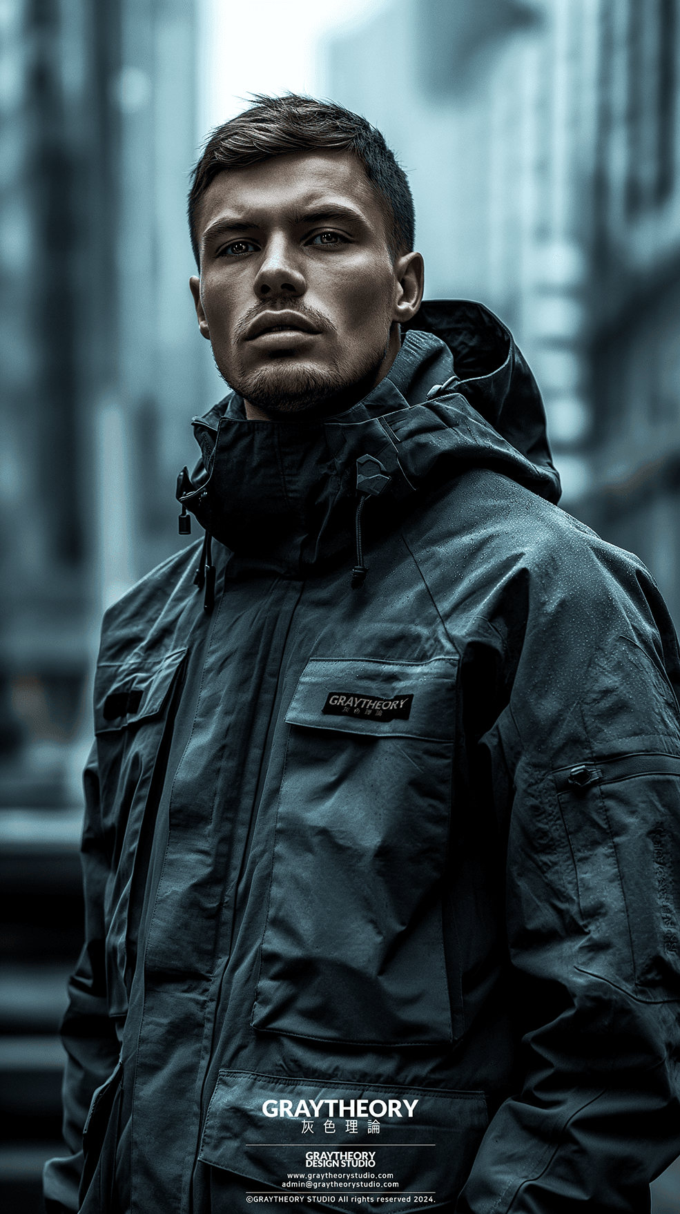 AI generated: capture trekker jacket, male model in a dynamic cityscape, dawn light softening the scene, he's wear...