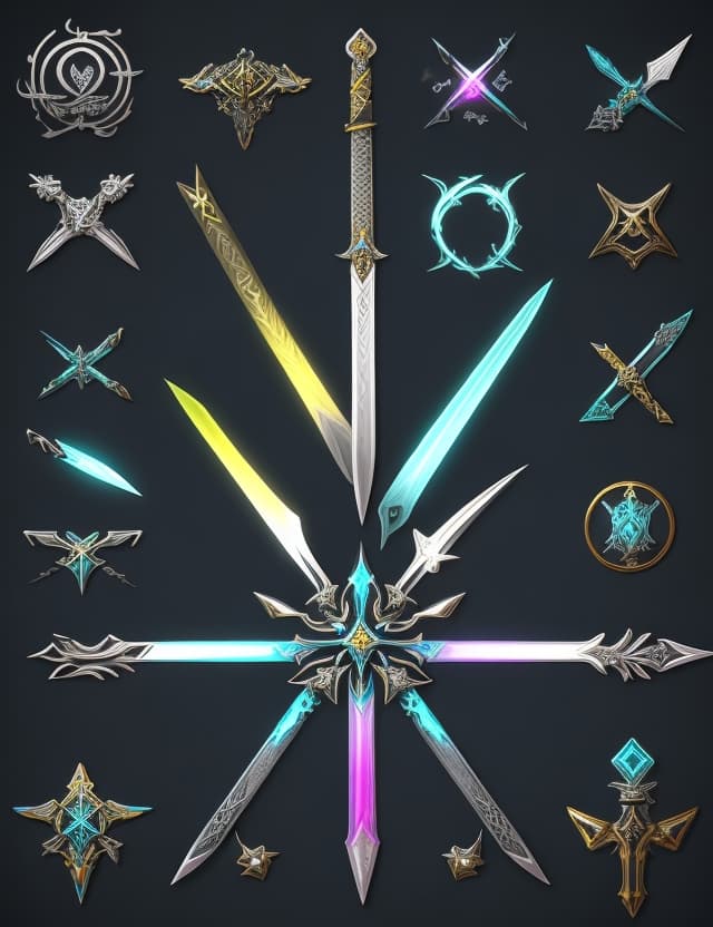 AI generated: only swords  icon,game set of items,beautiful design various swords , bright and vivid colorful, 3D ...