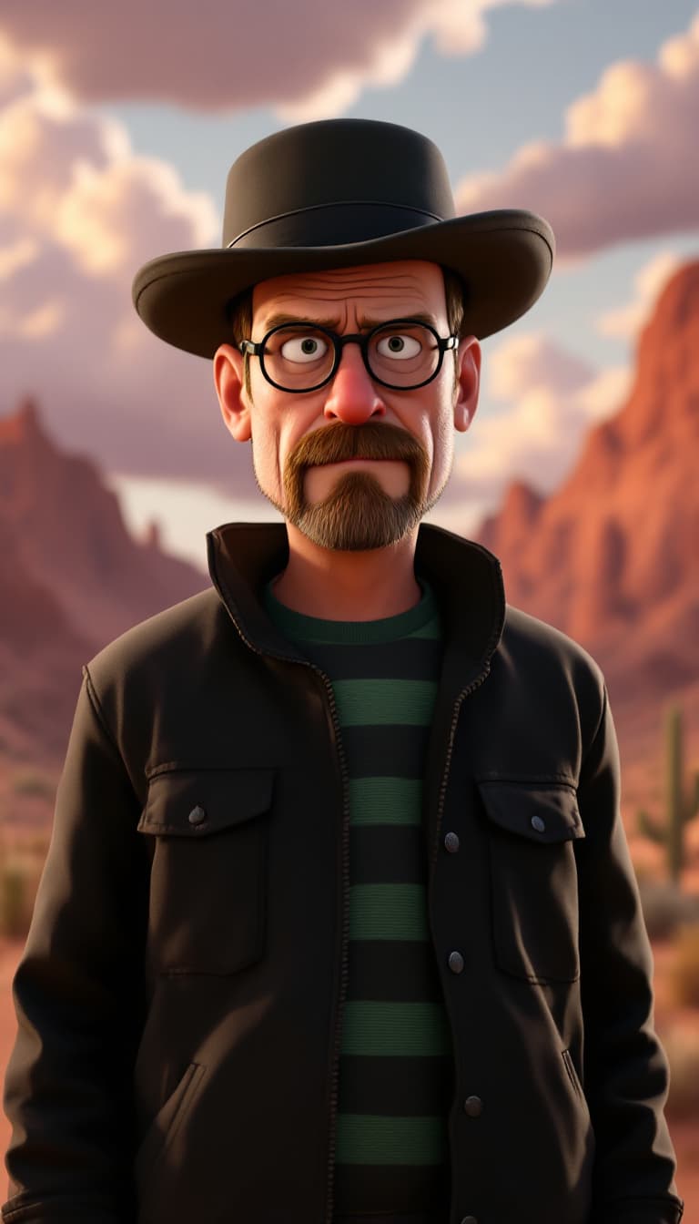 AI generated: A Disney-Pixar-style animated character of Walter White, wearing a black jacket and green striped sh...