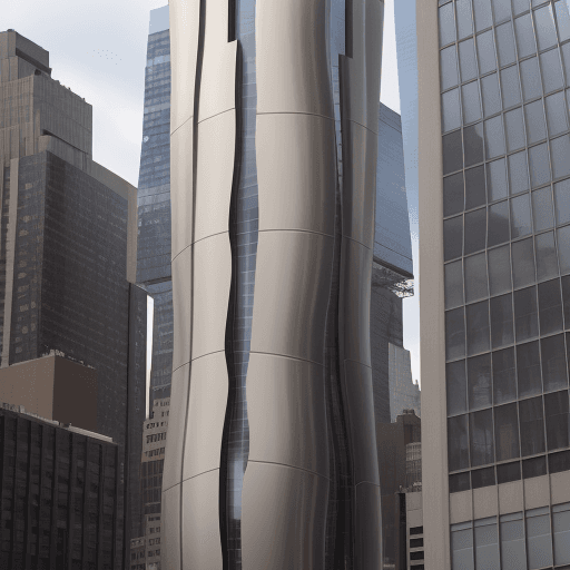 AI generated: a tall metal building with large windows, in the style of witty and clever cartoons, telephoto lens,...