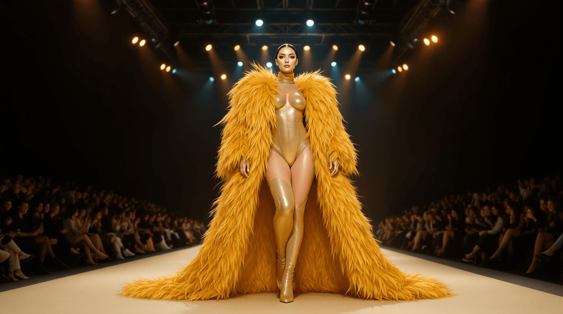 AI generated: A Stunning Curvy Elegant woman in a golden, feathered fashion show ensemble. 
Full-length shot of a ...