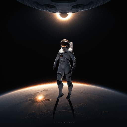 AI generated: infinite black outer space/epic extreme long shot of an astronaut in a futuristic space suit suspend...