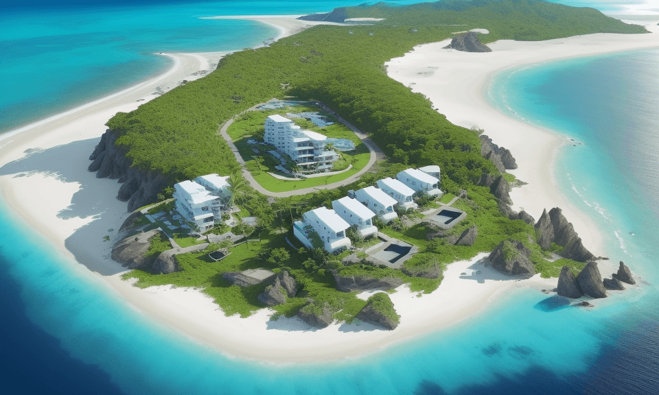 AI generated: ​create an image that is a bird's eye view of a desolate tropical island, no sharp cliffs, green wit...