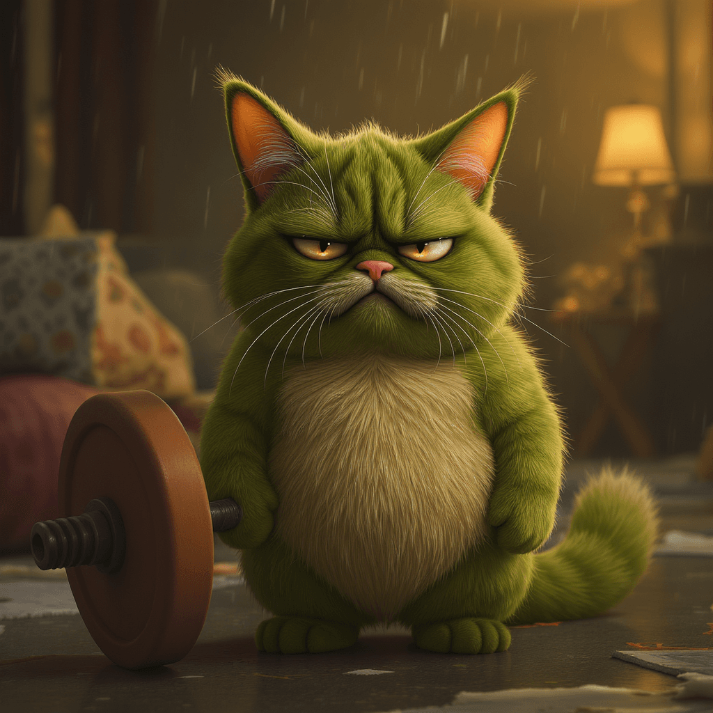 AI generated: "stunning image of a cute adorable grouchy green cat with oversized ears, stares directly at the cam...
