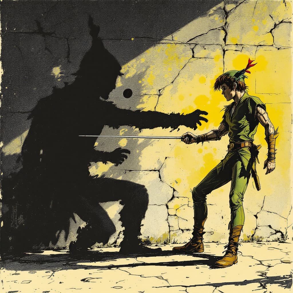 AI generated: Photorealistic comic book cover illustration, full body shot of peter pan fencing with his shadow ag...