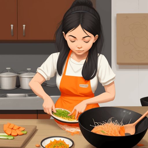AI generated: girl making papaya salad with mortar, cartoon