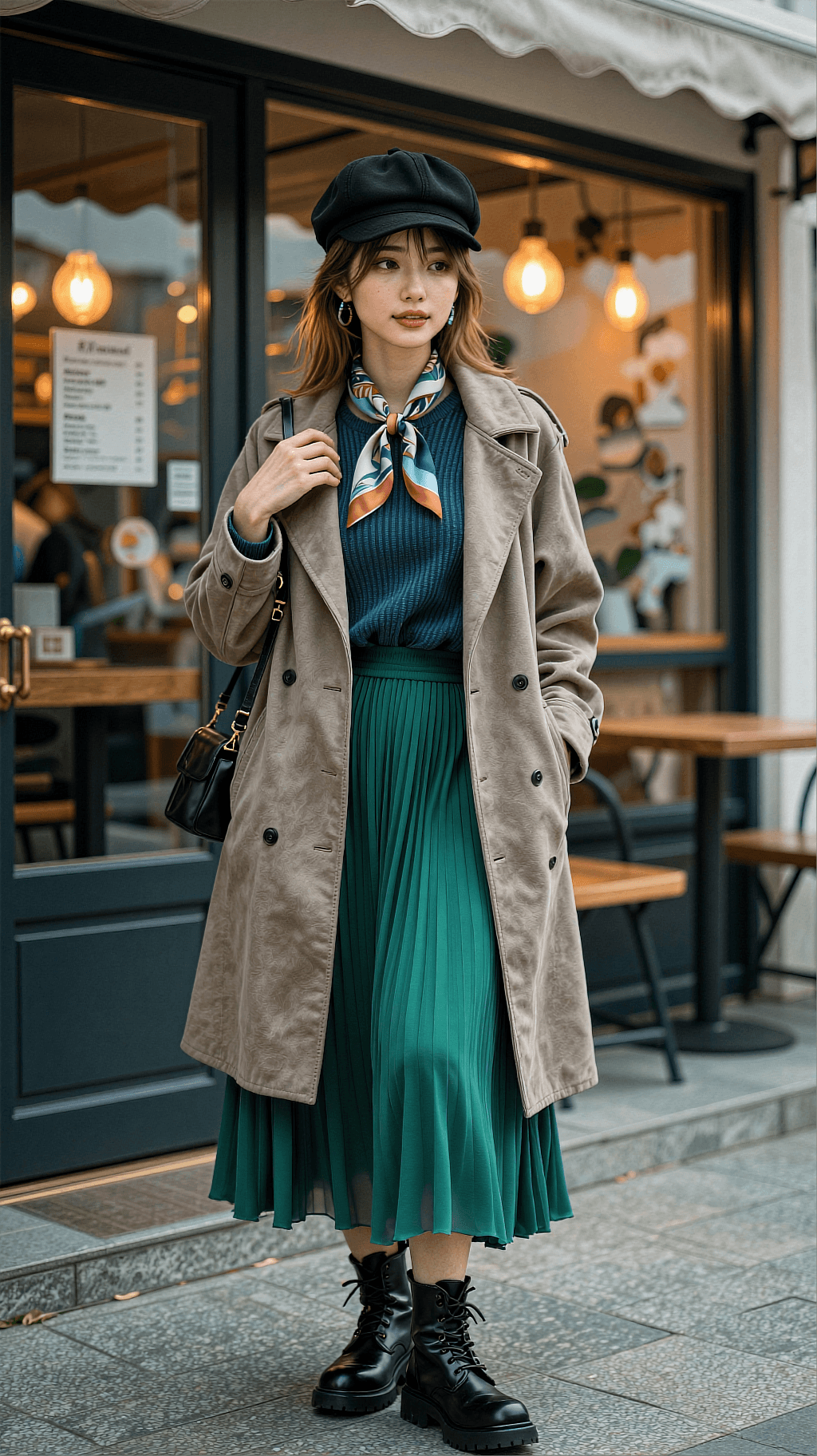 AI generated: A photorealistic full-body street fashion portrait of a stylish young Asian woman standing in front ...
