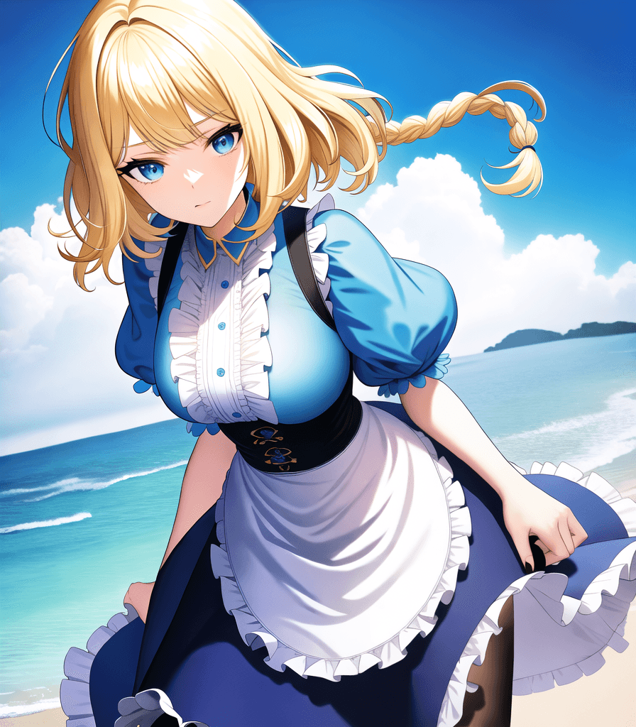 AI generated: (perfect anime illustration), 1girl, parted braids, (short hair), long locks, blonde hair, huge brea...