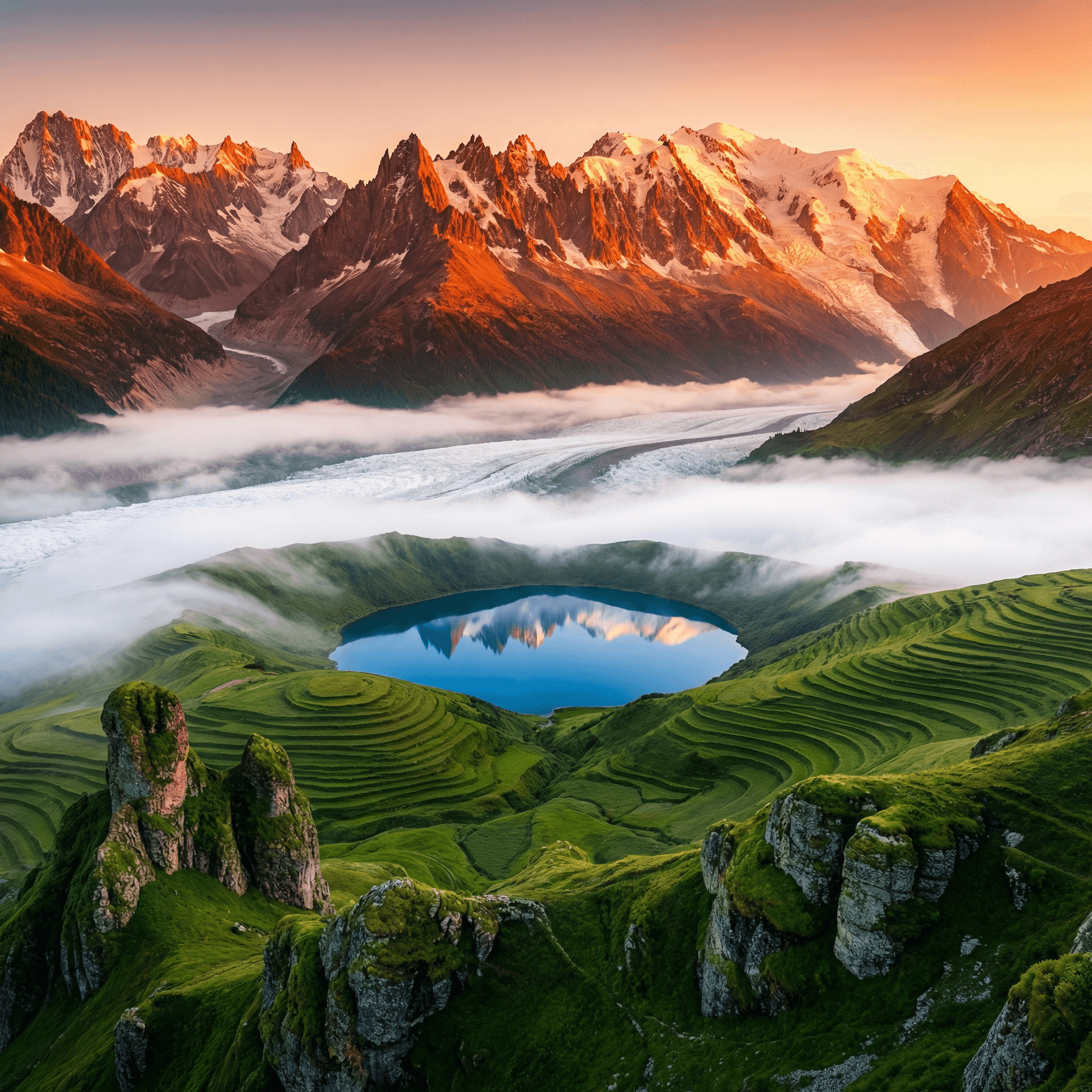 AI generated: windows wallpepar, 8k., a landscape matchng the color of indian flag. include mountains on distance,...