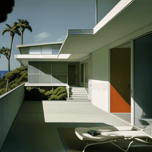 AI generated: Hyper realistic eye level exterior photo of a mid century modern style house overlooking the ocean, ...