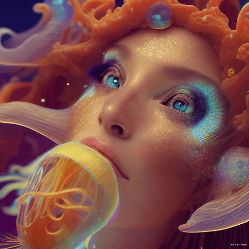 AI generated: Goddess close-up portrait ribcagel. jellyfish phoenix head, nautilus, orchid, skull, betta fish, bio...