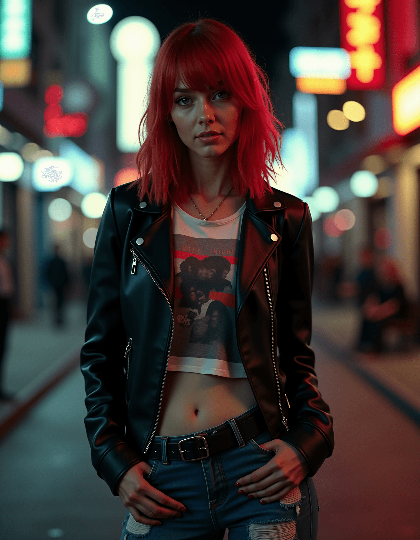 AI generated: Shoulder-Length Red Hair, Edgy Style, City Street at Night: A hyperrealistic portrait of a beautiful...