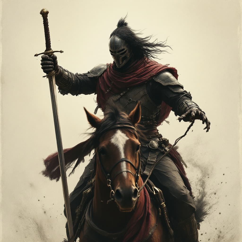 AI generated: a rider on a horse with a sword in his hands
