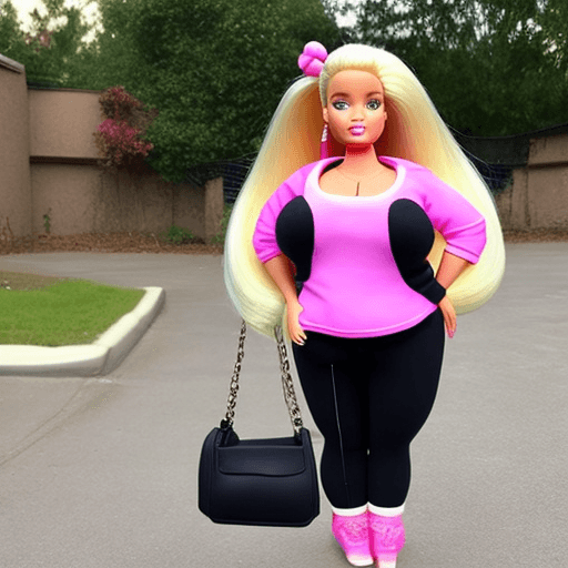 AI generated: A bbw barbie with long blonde hair wearing a pink crop top and black sweatpants with a big belly and...