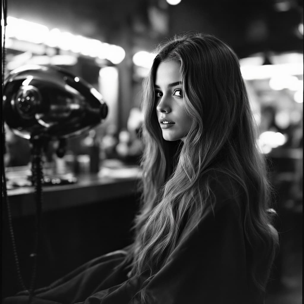 AI generated: young girl , long, long hair in a retro hair salon. with a retro futuristic device curling the hair,...