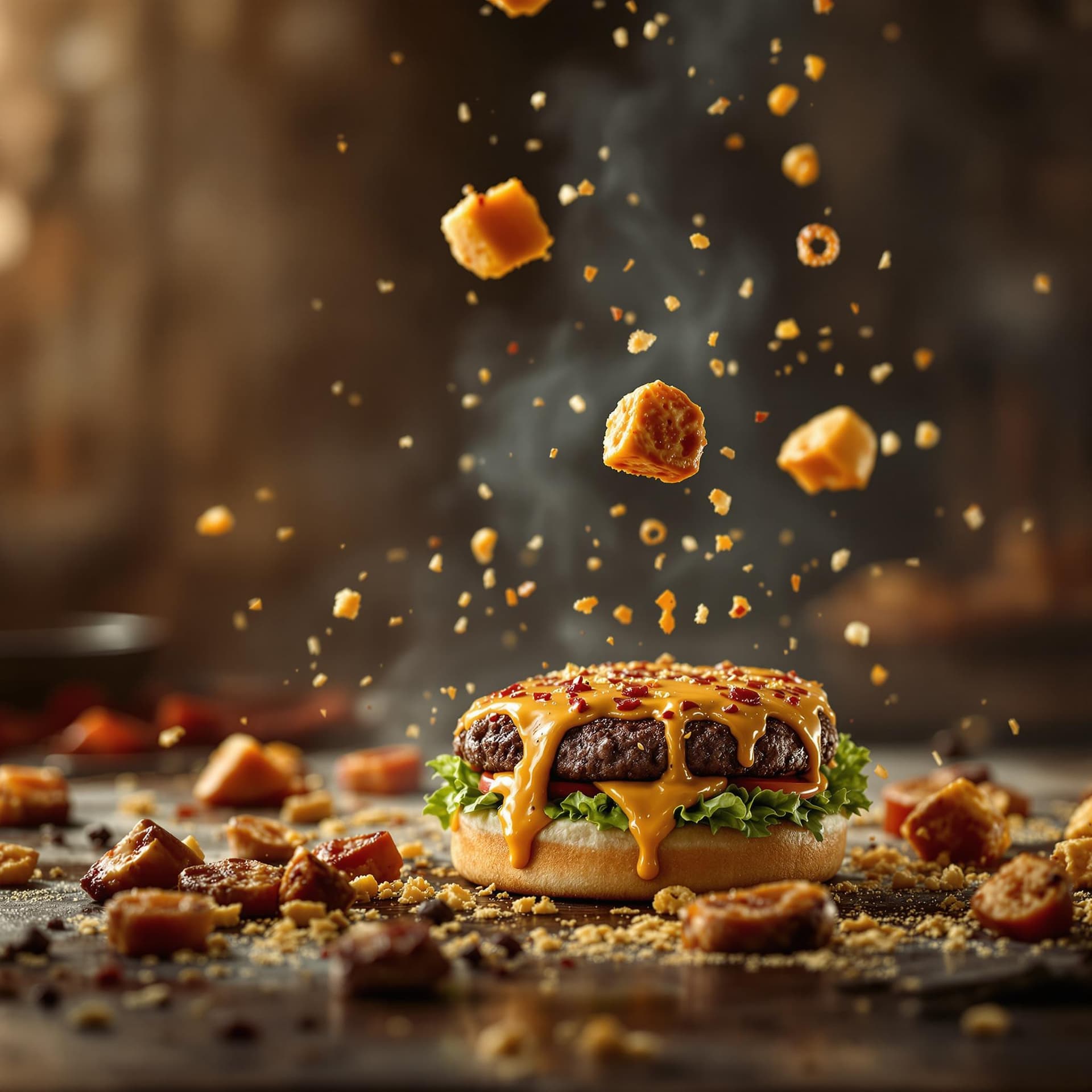 AI generated: A burger falling in pieces juicy, tasty, hot, promotional photo, intricate details, hdr, cinematic, ...