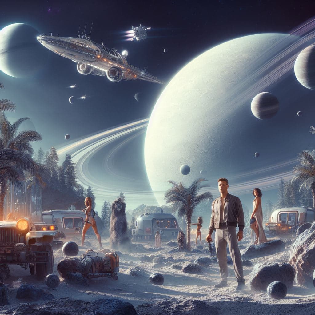 AI generated: In a retro scifi world, A colony on a Saturn moon,beautiful,epic,people live on Saturn moon,photorea...