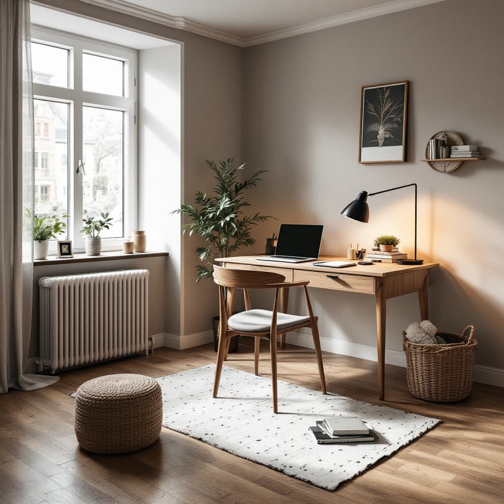 AI generated: scandinavian home office, natural oak desk, ambient lighting from window, captured from a low angle ...