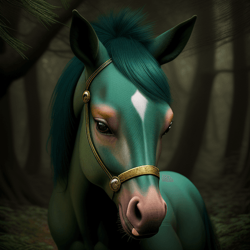 AI generated: baby horse in the forest near trees with large green eyes, in the style of intricate, whimsical deta...